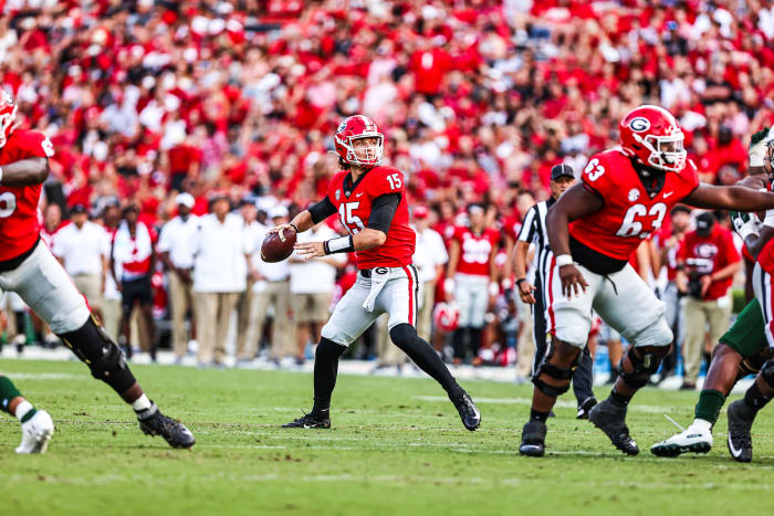Georgia quarterback Carson Beck (15) during the Bulldogs’ game against UAB in Athens, Ga., on Saturday, Sept. 11, 2021. (Photo by Tony Walsh)
